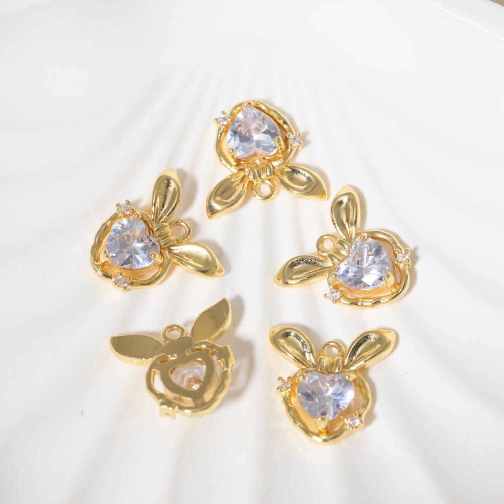 Golden Plated Copper Cute Rabbit Charms Pendants with Clear Zirconia, DIY Jewelry Making Supplies for Earrings Necklaces, Sweet Girly Gift for Women