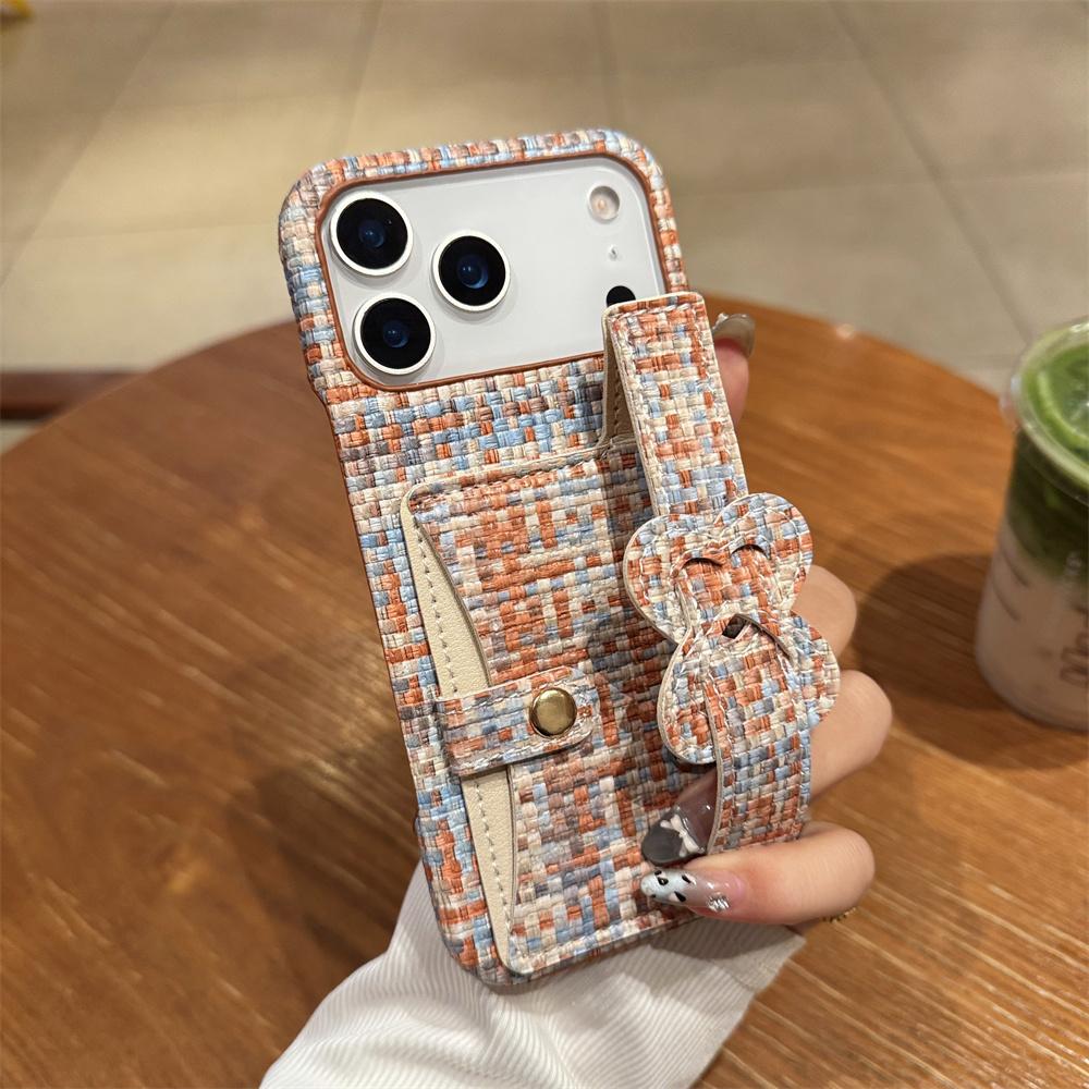 Elegant Stylish Heart Bow Wrist Strap Card Holder Phone Case for iPhone 17 Pro Max 16 15 14 13 Tweed Texture Protective Cover