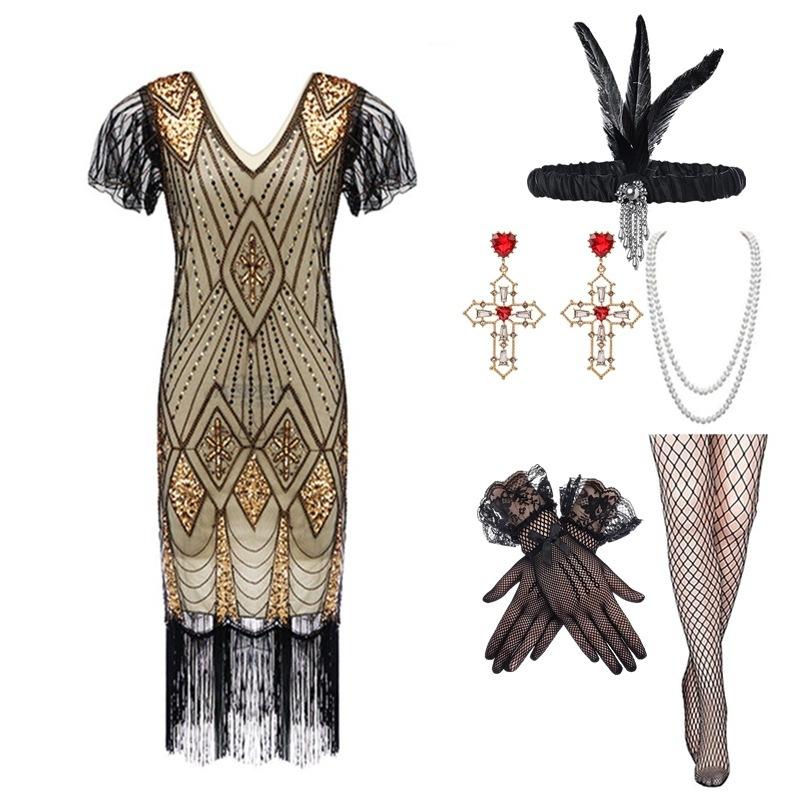 Large Size Retro Sequined Dress Handmade Beaded Fringed Dress Set