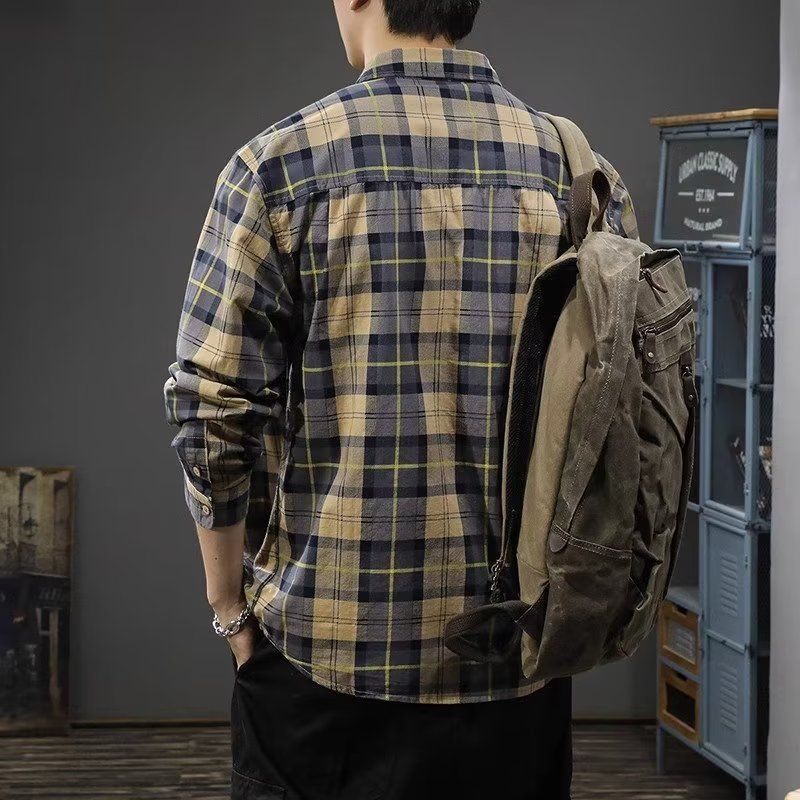 Retro Plaid Shirt Men's New Spring and Autumn Outfit Couple Long-sleeved Casual Shirt Jacket