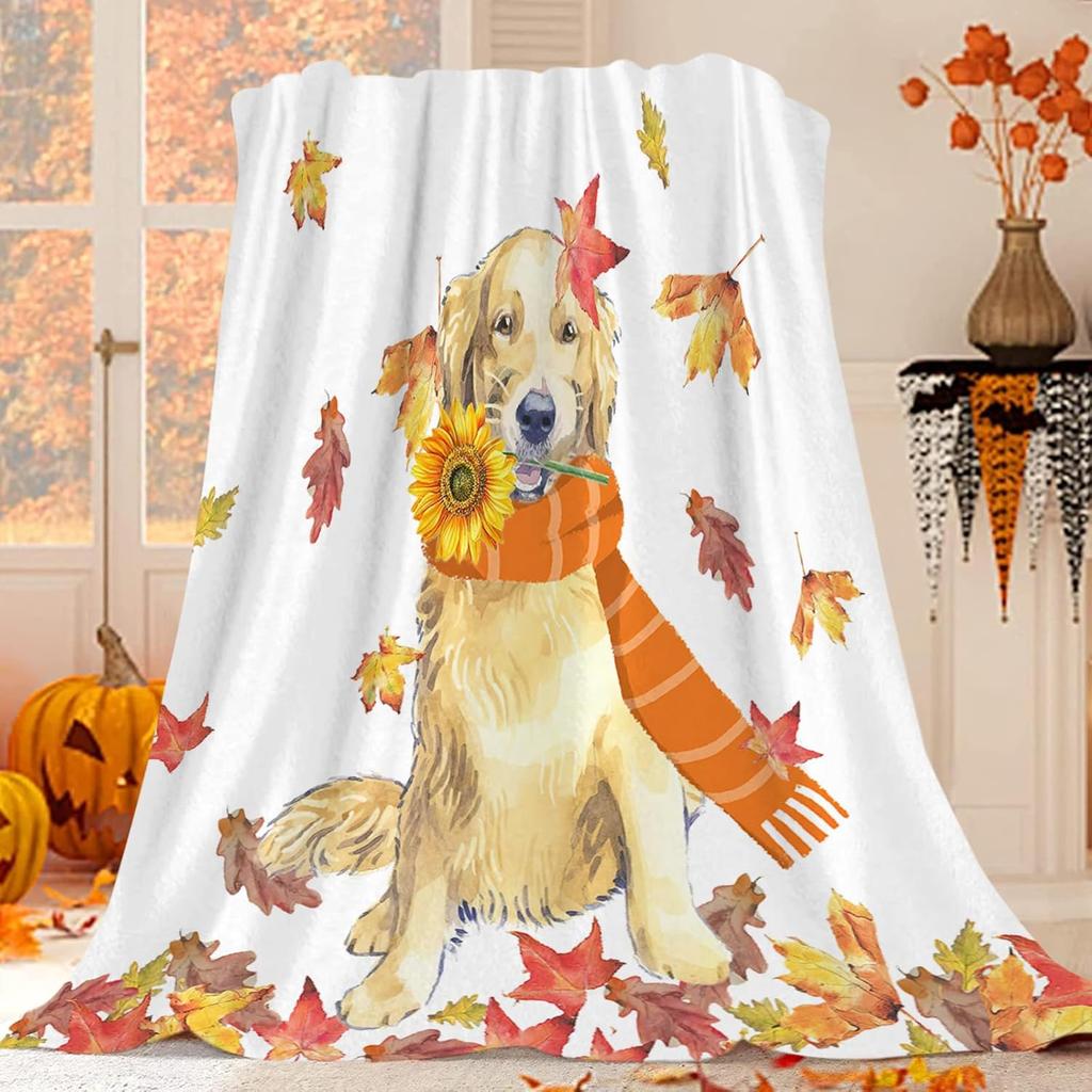 Harvest Autumn Throw Blanket Pumpkin Farmhouse Fallen Leaves Blanket Cozy Soft Lightweight Flannel Plush Blankets for Bed Couch