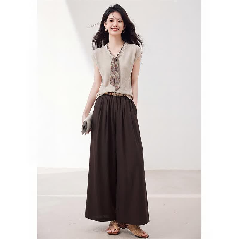 Elegant V-Neck Linen Blend Knit Top and Pants Set