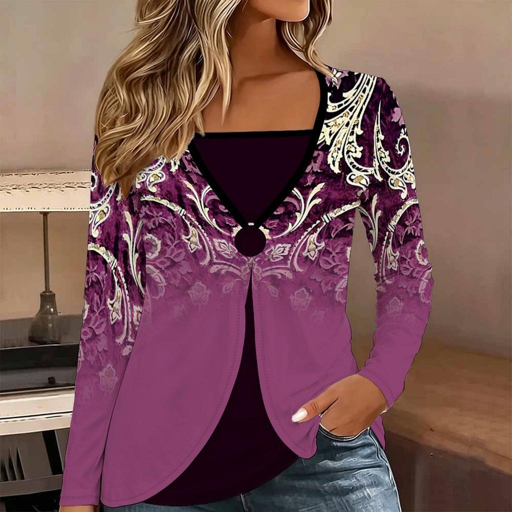 Tops for Women Floral Print Long Sleeve Fake Two‑Piece Top Fall Casual Slim Pullover Women's Long Sleeve Top