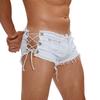 Men’s Low Rise Extra Short Denim Shorts Raw Edge Ripped Side Lace Up Hot Pants for Rave Clubbing