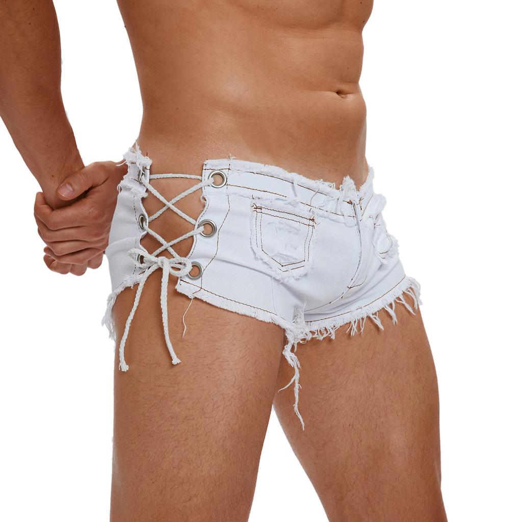 Men’s Low Rise Extra Short Denim Shorts Raw Edge Ripped Side Lace Up Hot Pants for Rave Clubbing