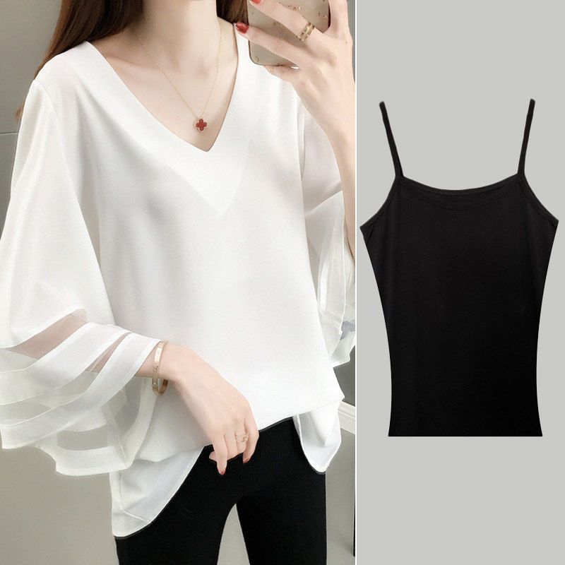 Elegante V-Ausschnitt-Bluse aus Chiffon mit ausgestellten Ärmeln und Gaze, Damenbekleidung, übergroße, lässige Pullover, süßes Hemd