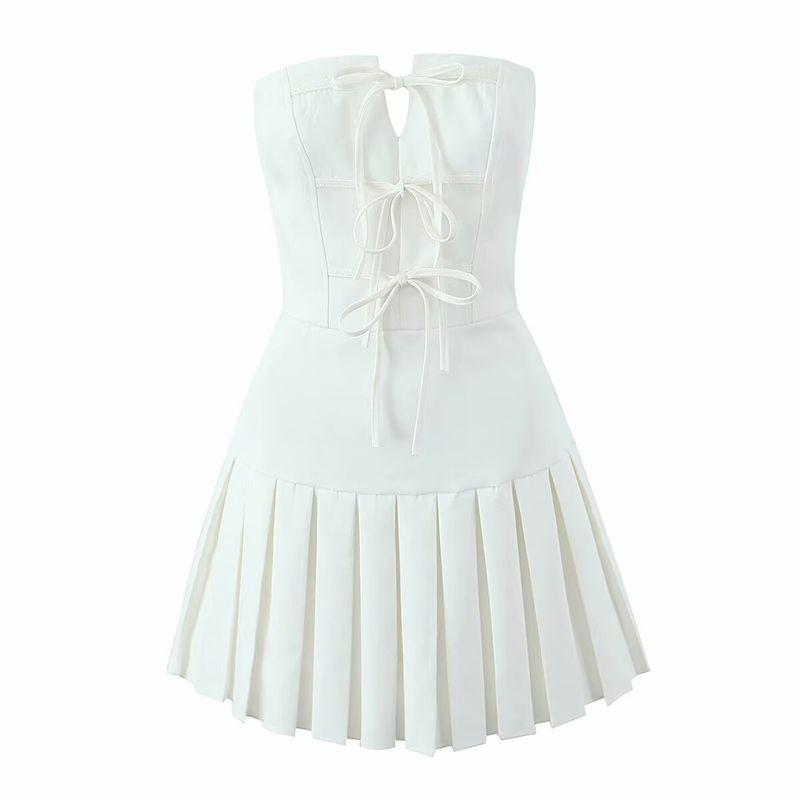 Holiday Princess Meshki Is Extremely Beautiful and Pure. I Want Girlish Style Chest Bows Strapless Dress Slim-Fit Pleated Skirt Dress
