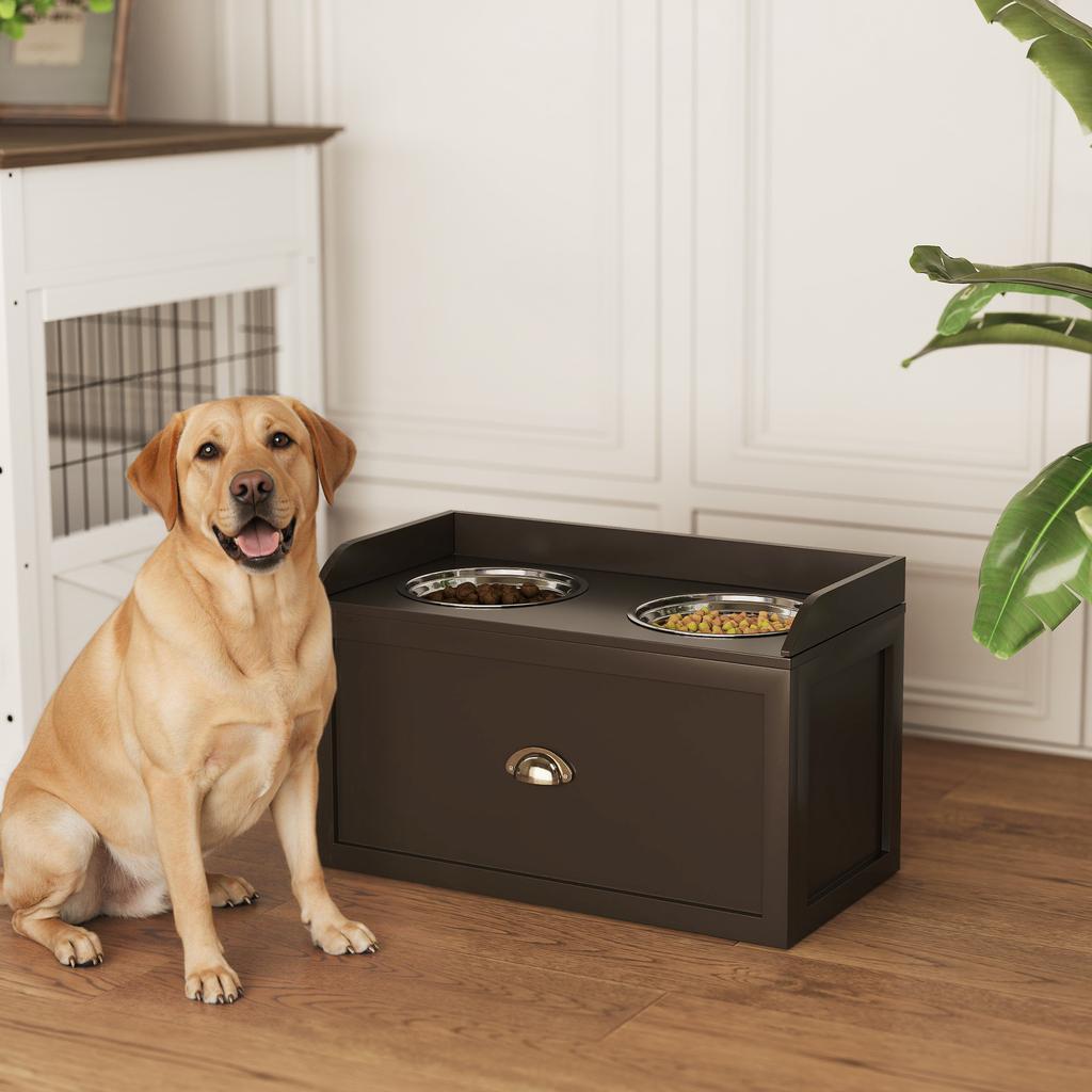 Elevated Dog Bowls, 2-in-1 Bowl Holder Storage, Drawer, 2 Bowls, 60 x 30 x 36 cm, Coffee Brown