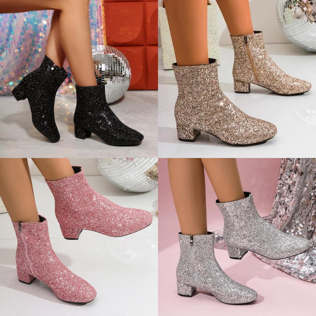 Women's Glitter Sparkly Booties Chunky Heels Boots Side Zipper Block Heeled Short Boots Wedding Bridal Party Dress Shoes