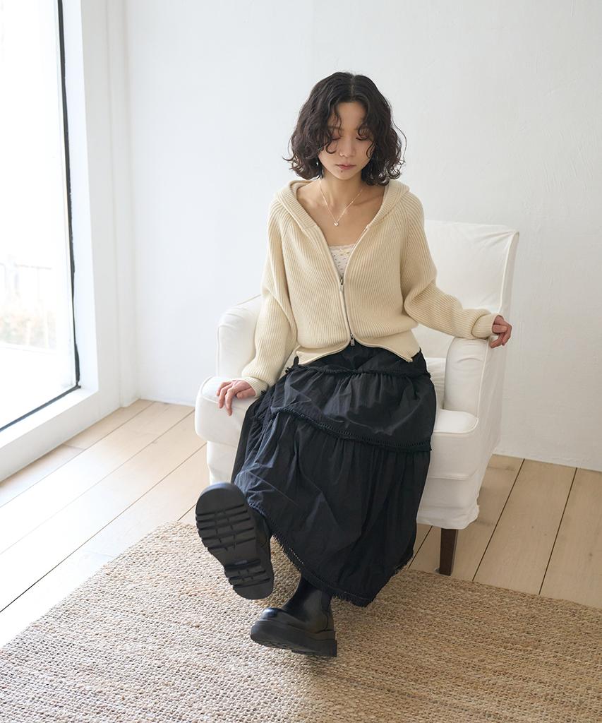 The Green Lab Tassel Frill Tiered Long Skirt [Black]