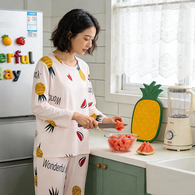 Spring and Autumn women's cartoon pajamas, pink girl cat print long-sleeved suit, loose loungewear