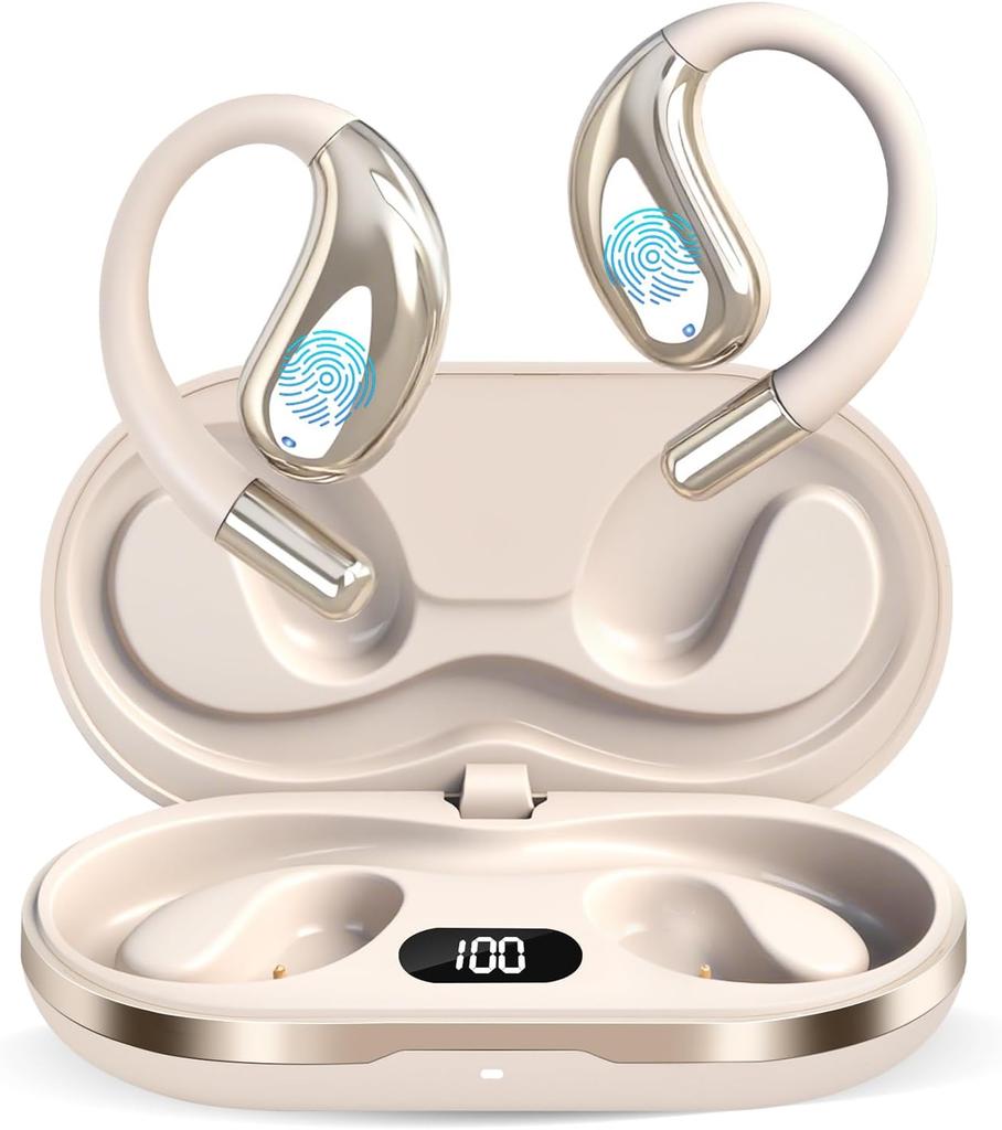 Open Ear Clip Wireless Earbuds Bluetooth 5.4 Headphones Open Ear Built-in Mic, IPX5 LED Display Charging Case,Ear Hooks Earphones for Running Fitness
