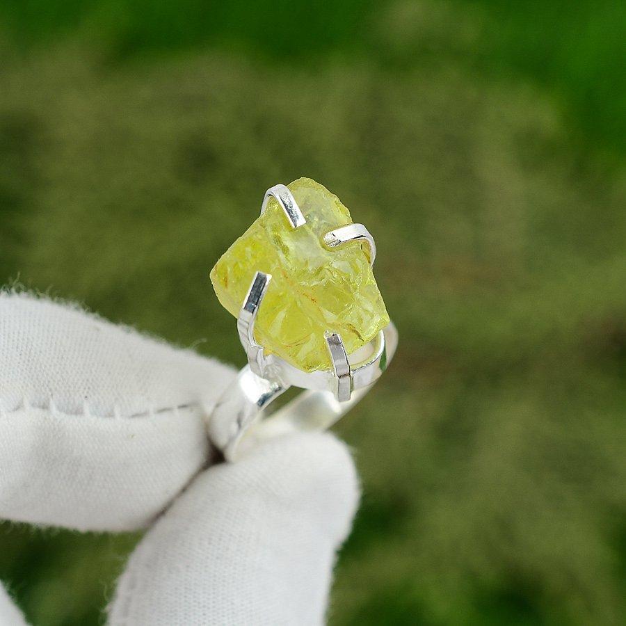 Пятиугольник Натуральный Лимон Грубый 925 Стерлинговое Серебро Бохо Кольцо с Множеством Камней Размер 7.5 7.5