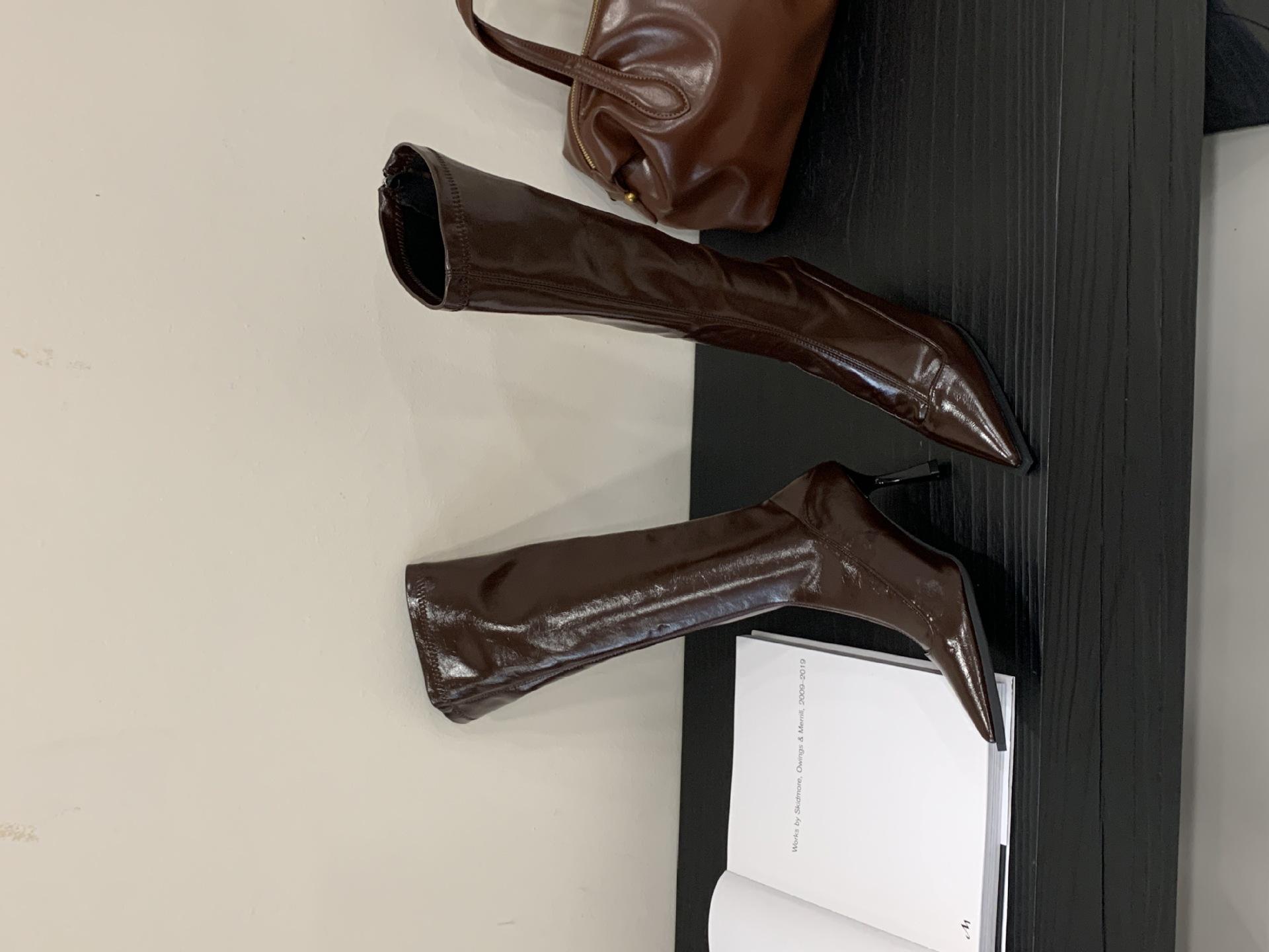

2025 autumn and winter new pointed head thin heel high heel temperament thin French fashion sexy beautiful boots 39 коричневый