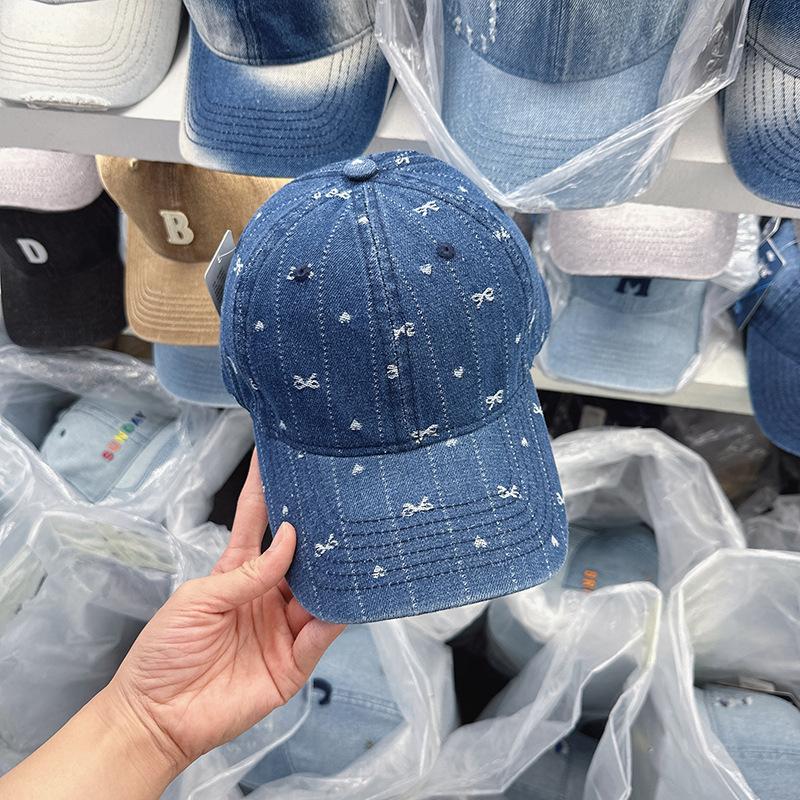 New Korean-style bowknot denim baseball cap for women with wide brim and large head circumference
