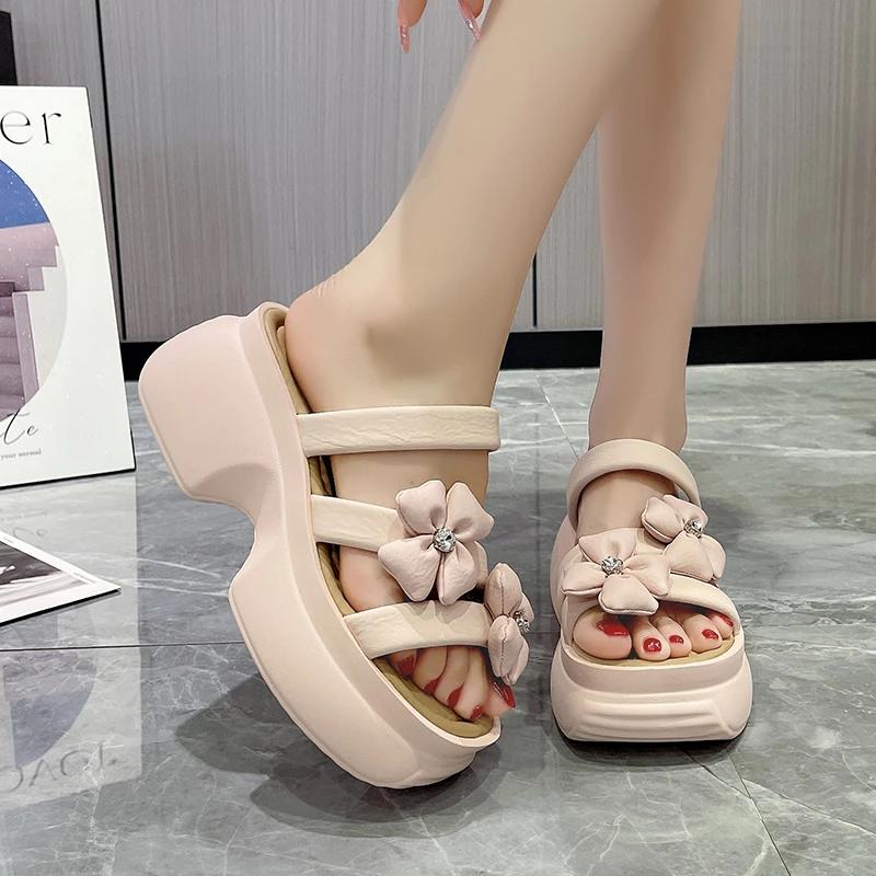Fashion 7.5CM Designer Women Summer Chunky Sandals Platform Slippers High Heels Ladies Slides Beach Flip-Flop Woman Sandalias De Mujer