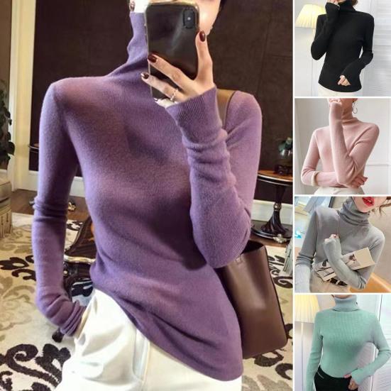 Women Sweater Turtleneck Long Sleeve Solid Color Bottom Tops High Elasticity Regular Fit Knitting Tops Knitwear