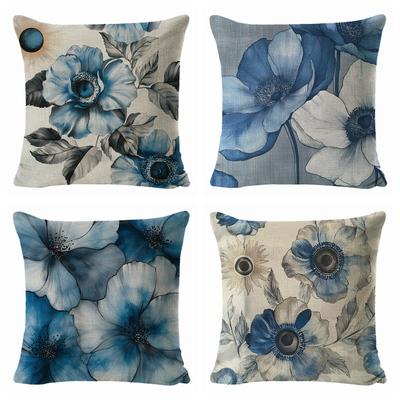 Blue Ink-wash Floral Linen Pillowcase for Living Room Sofa Decoration, Pillow Cover with Label