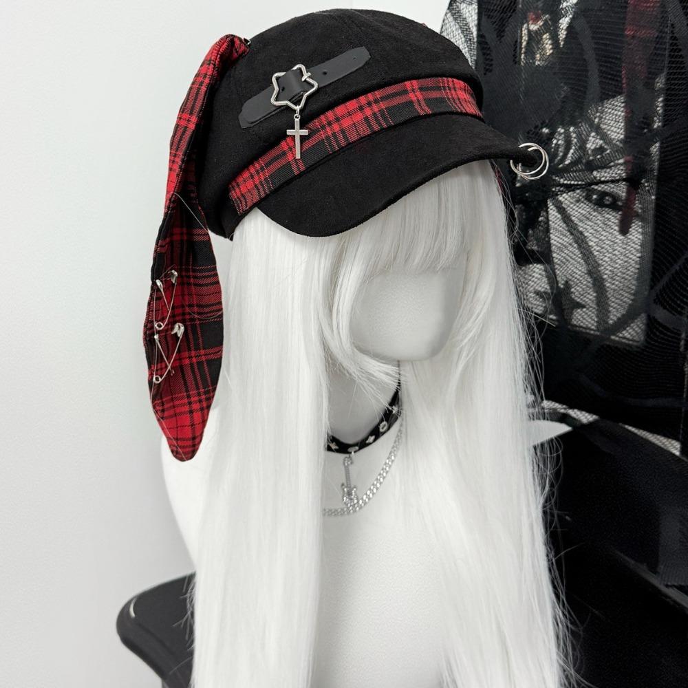 Metal Ring Accents Rabbit Ear Beret Y2K Punk Style Visor Beret Cap Alternative Fashion
