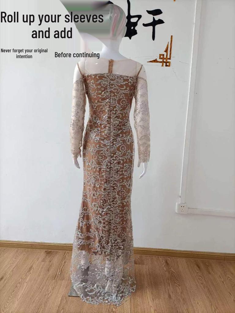 2025 European and American Spring Evening Dress: Sexy Slim Long-Sleeved Hot Stamped Skirt for Banquets
