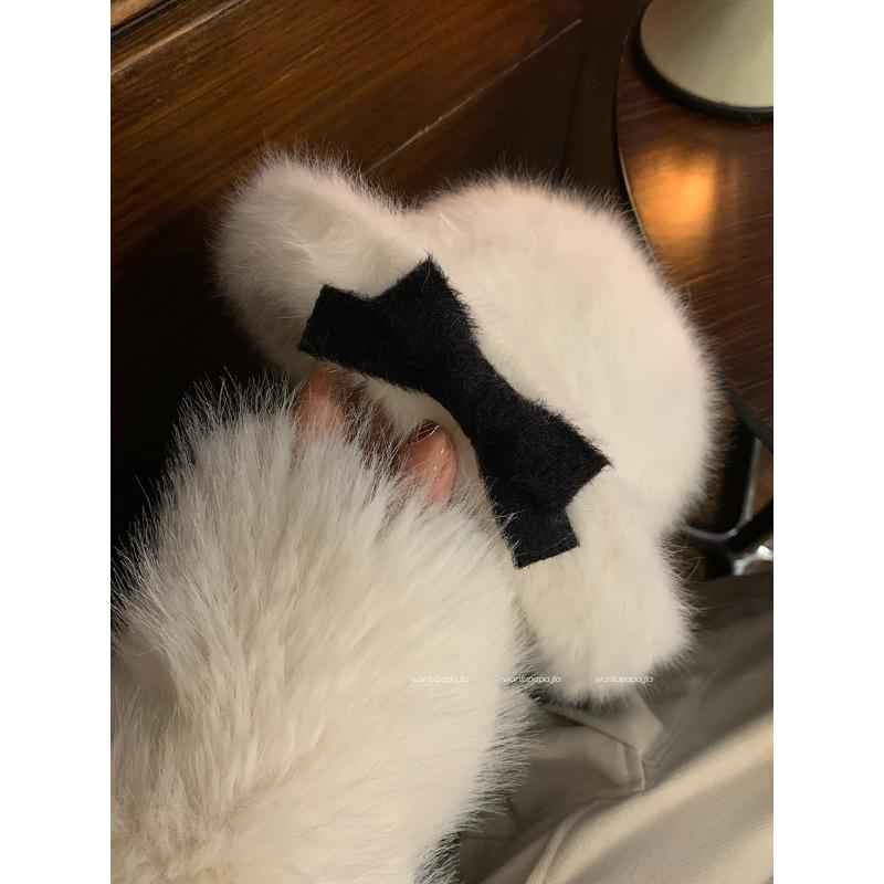 Bow Fisherman Hat Women's Winter Curled Plush Gift Hat Hepburn Style Big Head Circumference Small Basin Hat
