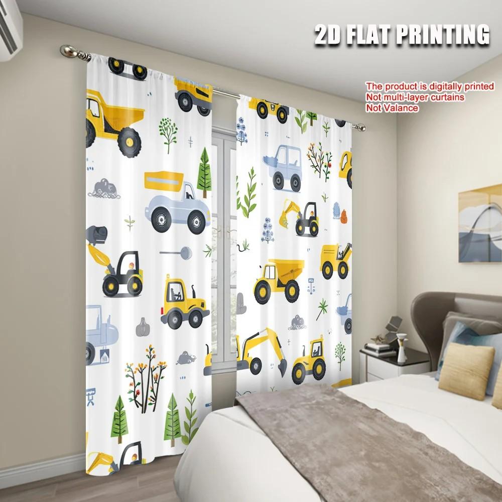 2pcs Cartoon Truck Printed Curtains  Rod Pocket  Polyester Fabric  Window Decor for Kids Room  Home Decor.