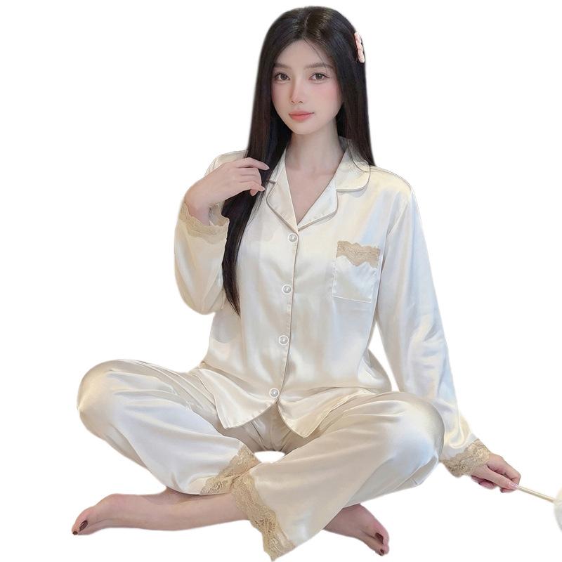 High-End Ice Silk Long-Sleeved Women'S Pajamas Spring And Summer Thin Lace Lace Pure Desire Silk Feel Cardigan Loungewear