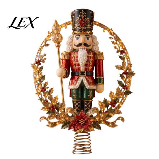Gold Silver Red Tree Topper Lighted Christmas Topper, Illuminated Santa Claus Gingerbread Nutcracker Treetop Decorative Geometric Crown Ornament with