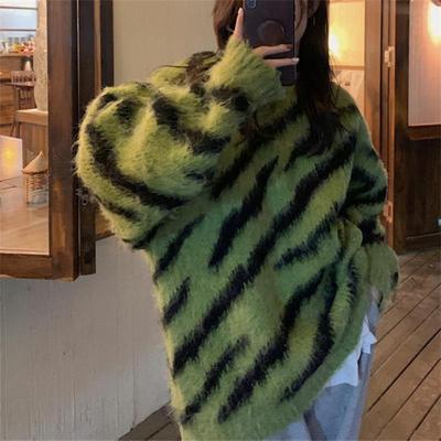 Women's Retro Zebra Stripe Sweater - Autumn/Winter Loose Knit Pullover with Hong Kong Style Design.