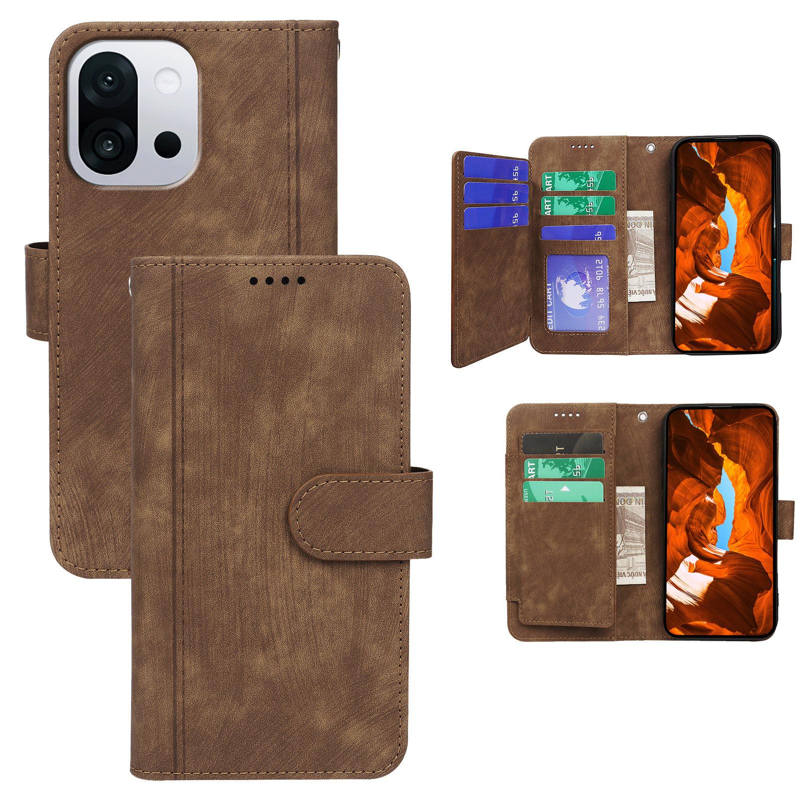 

For Xiaomi 13T Leather Case Line Pattern Wallet Phone Cover with 9 Card Slots Brown