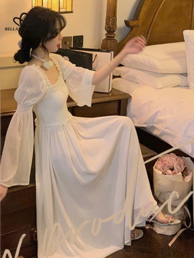 French Vintage Midi Dress Women Long Sleeve Casual Party Elegant Dress Blue Spring Beach One Piece Dress Korean Fashion