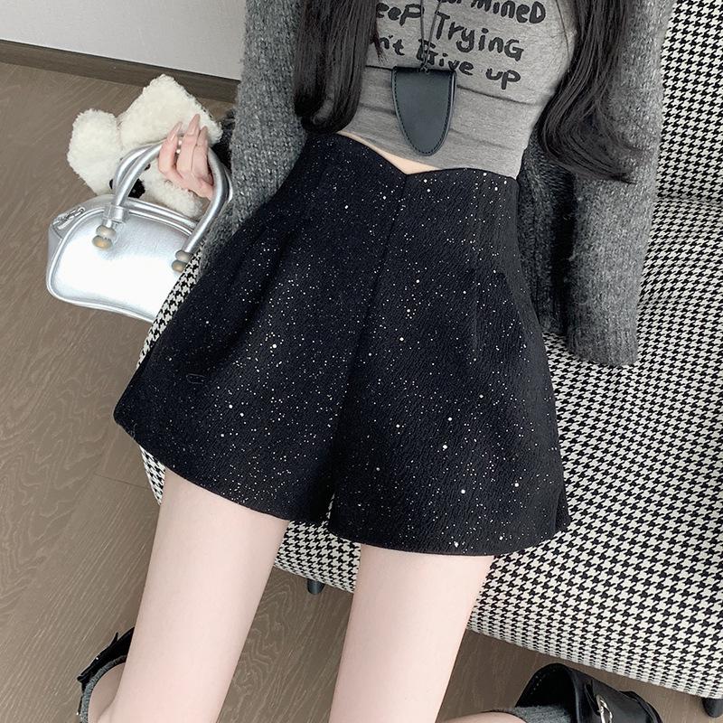 

Женские шорты А-силуэта с высокой талией из твида с пайетками - Европейский стиль Осень/Зима 2024 2XL чёрный