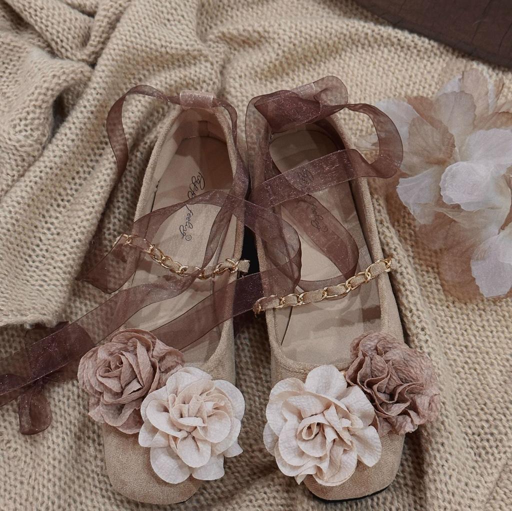 Zen Wabi Silent Wind Square Head Mary Jane Shoes Women's Suede Soft Flat Bottom One Pedal French Evening Wind Single Shoes Dead Leaf Butterfly