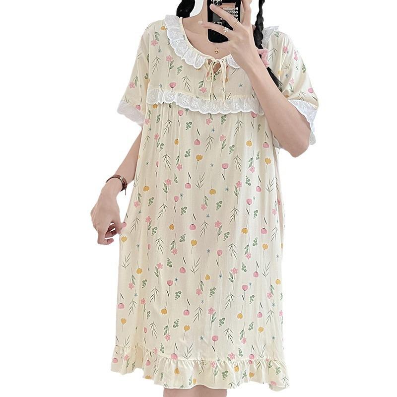 Cotton silk loungewear round neck printed short-sleeved nightdress women's summer thin dress girl student clothing artificial cotton pajamas