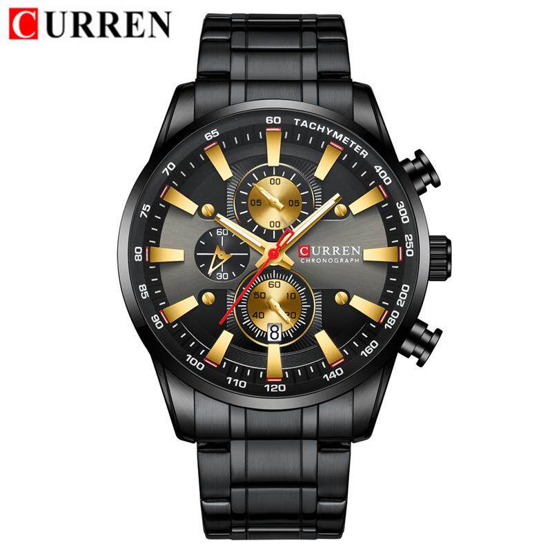 

CURREN Модные мужские кварцевые часы мужские деловые полностью стальные часы-хронограф повседневные спортивные водонепроницаемые часы чёрный/золотой