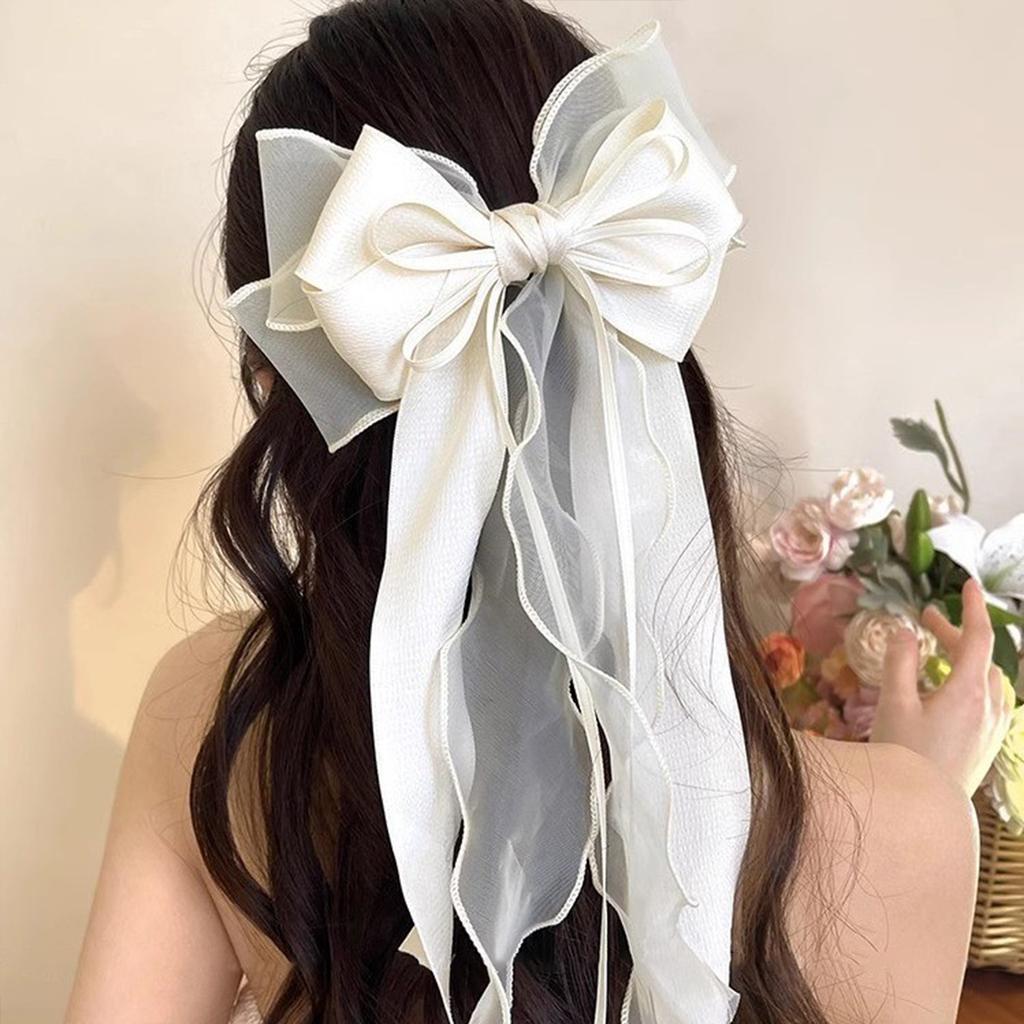 1 Stück süße und niedliche hochwertige Haarspange mit Federverschluss, supergroße jasminweiße doppellagige Tüll-Ausreißer-Prinzessin-Schleife mit Band