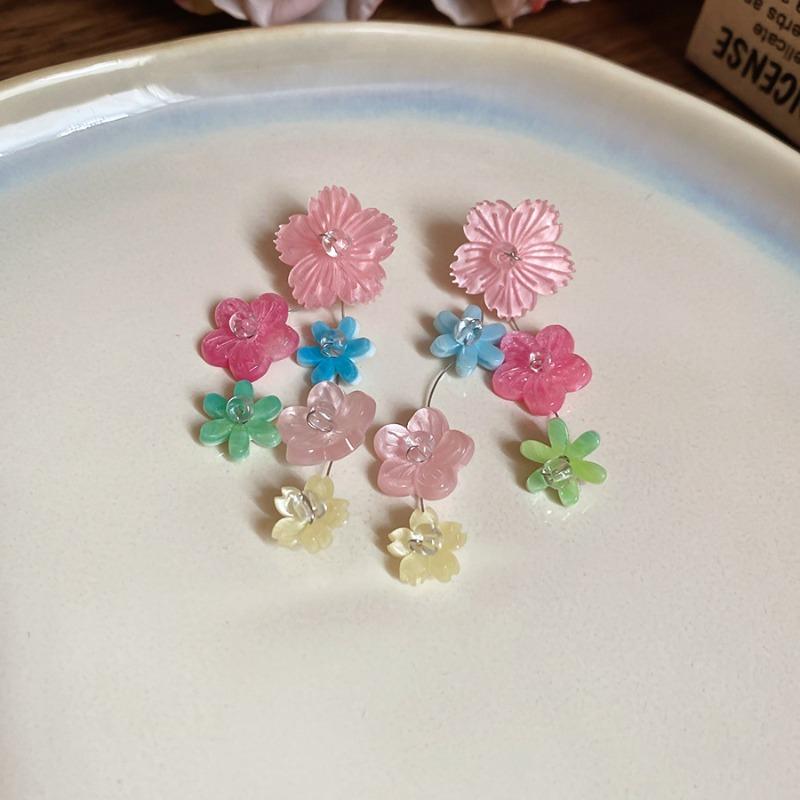 Flowers by the ear~ Silver needle resin colored flower fringed stud earrings sweet princess style earrings fashionable versatile earrings