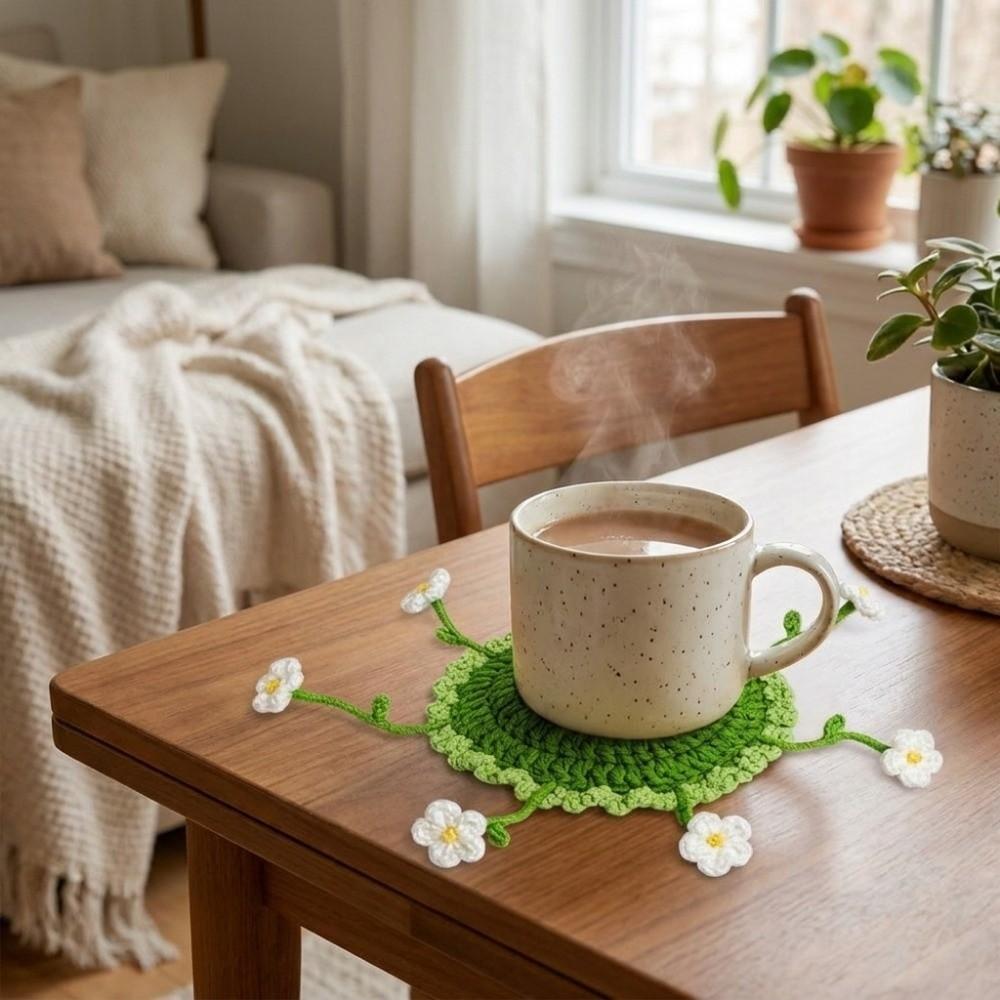 Round Flower Coaster Cotton Yarn Knitted Floral Mat Practical 3D Floral Cup Mat  Coffee Table Decor