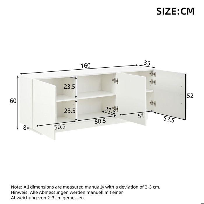 Glänzendes weißes Wohnzimmer-Buffet 160 x 35 x 60 cm 3 Türen 6 Fächer verstellbare Regale großer Stauraum moderne schicke Kommode Deko!