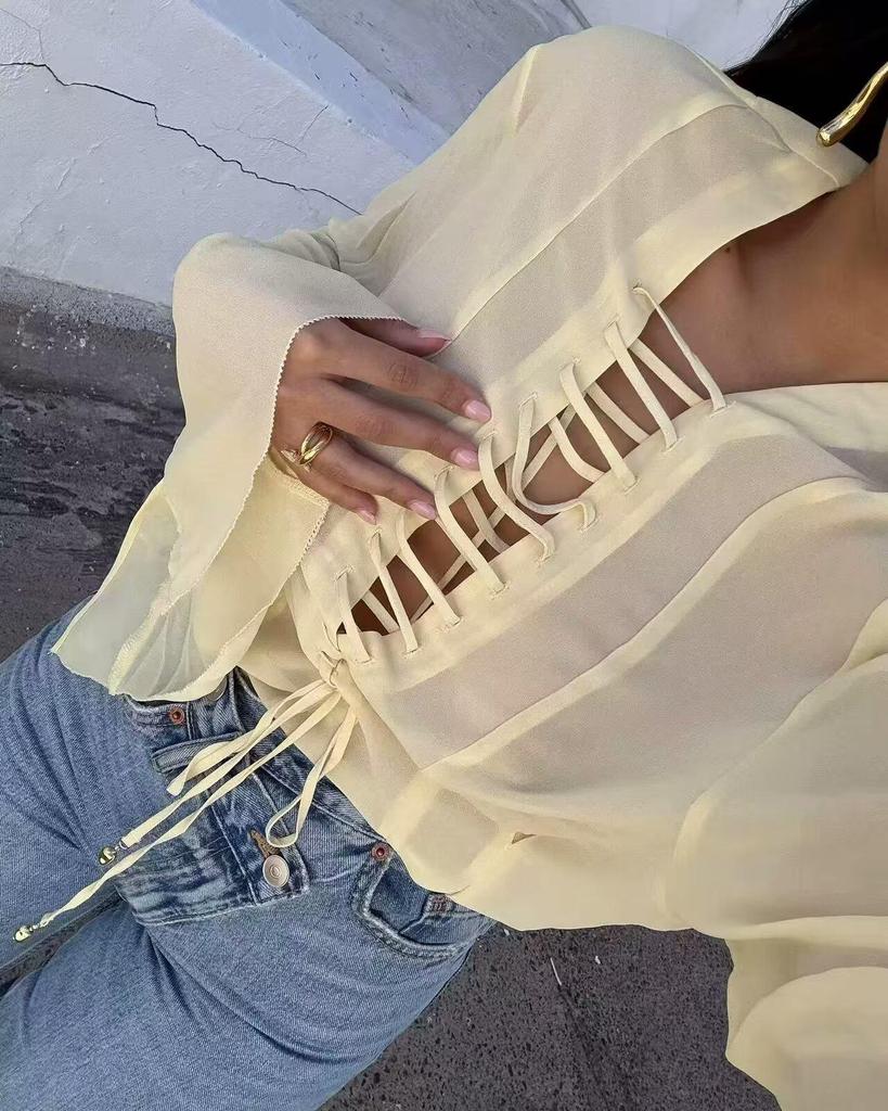 European & American Women's V-Neck Tie-Waist Fashion Casual Shirt