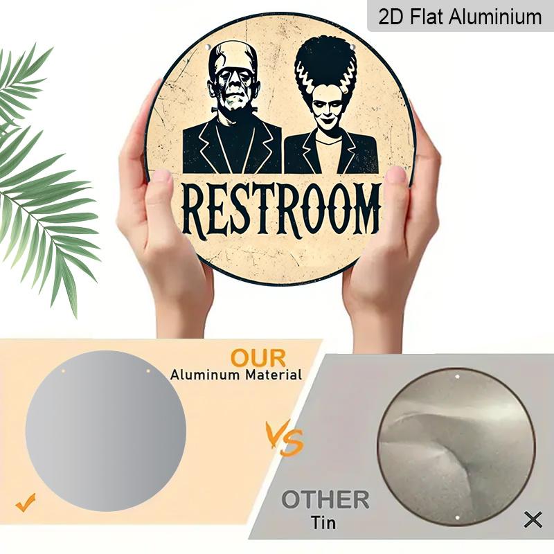 2D Flat, 1pc Frankenstein's Monster RESTROOM Metal Wall Sign - 7.87inch Round Bathroom Decor with Pre-Drilled Holes, Vintage Humorous Design for