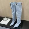 Fashion Liyke New Style Stitching Pleated Denim Pants Knee High Boots Women Button Pocket Decor Patchwork Autumn Winter Slim Heels Shoes