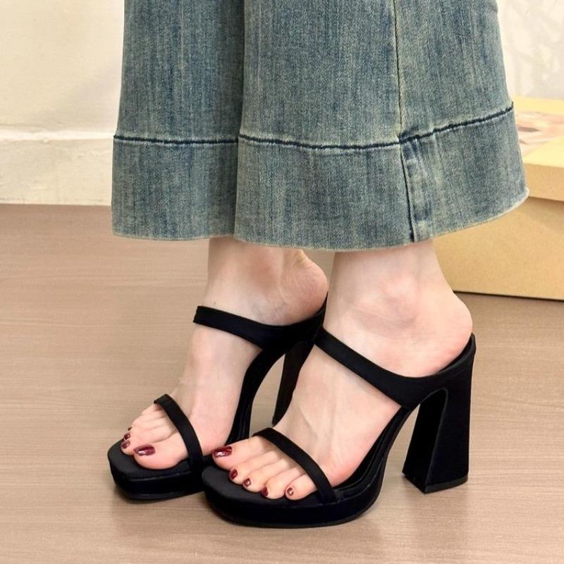 

Block Heel Sandals and Slippers Summer New Square Toe Temperament One-line with Platform High-heeled Cool Mopping 34 чорний