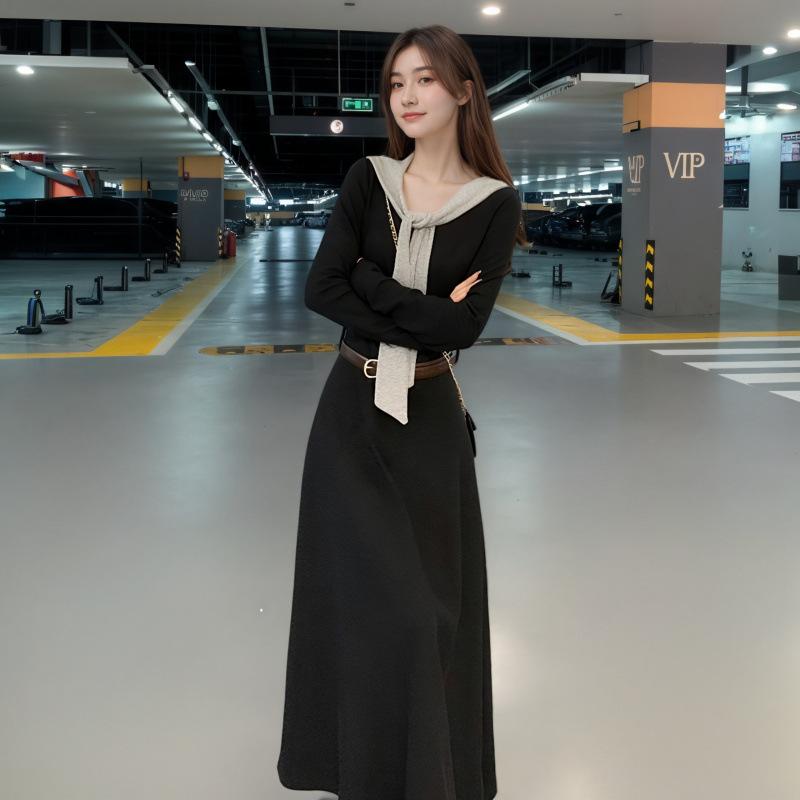 

Fake Two-piece Long-sleeved Dress, Simple and Elegant, Waist-tightening Temperament Dress XXL чорний