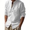 Camicia Casual da Uomo in Misto Lino con Collo Mandarino, Maniche Lunghe, Bottoni, Maniche Arrotolabili