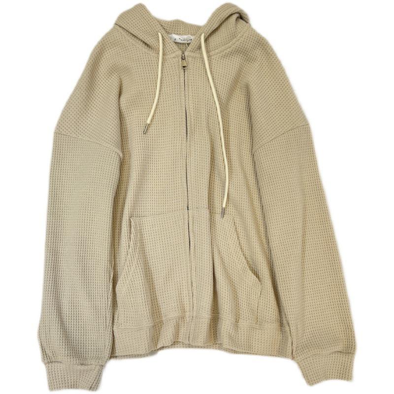 Women's Waffle Knit Hooded Zipper Cardigan - New Loose Slim Design for Autumn/Winter