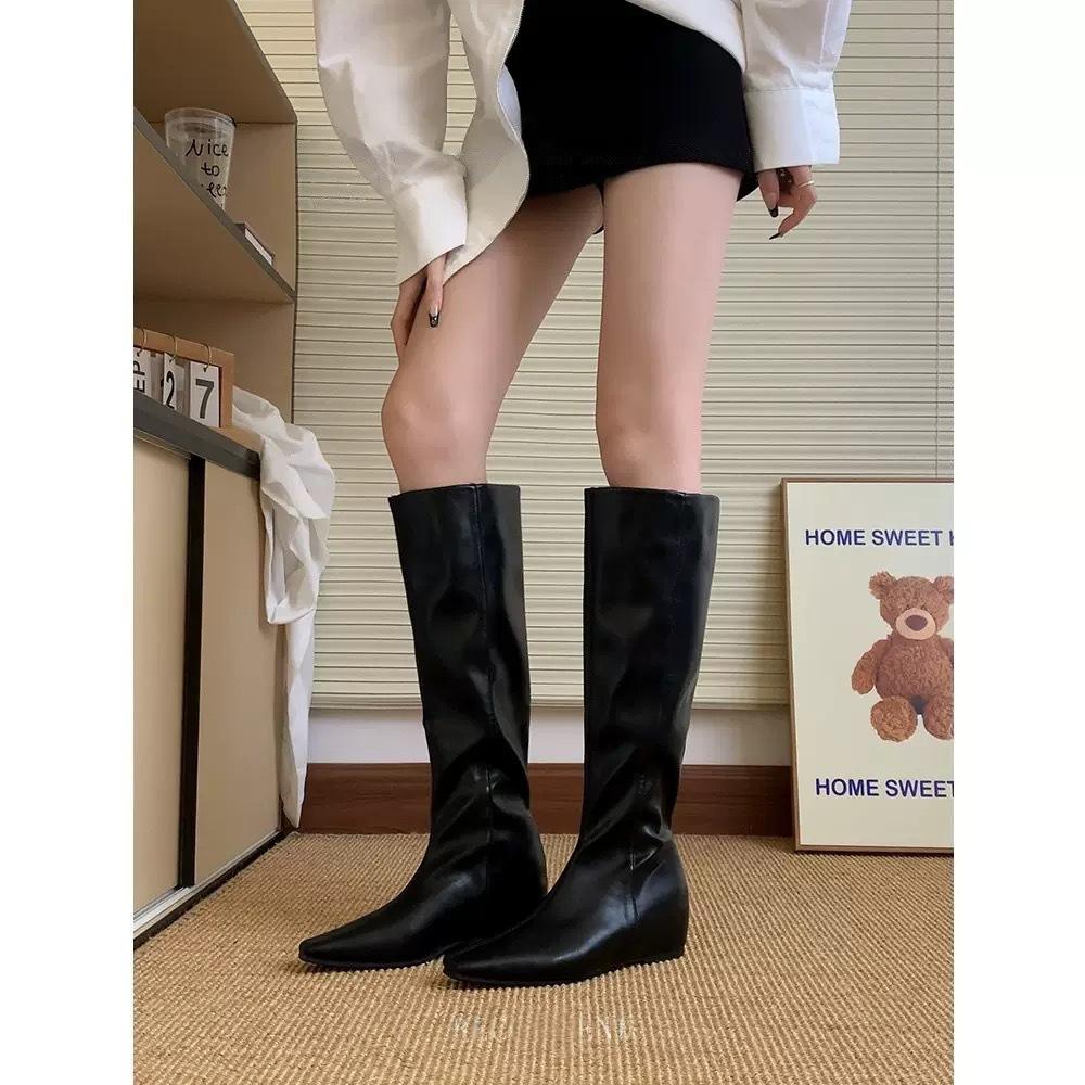 Not tired feet square head boots women's autumn and winter but knee knight boots black brown inner height-increasing leather boots