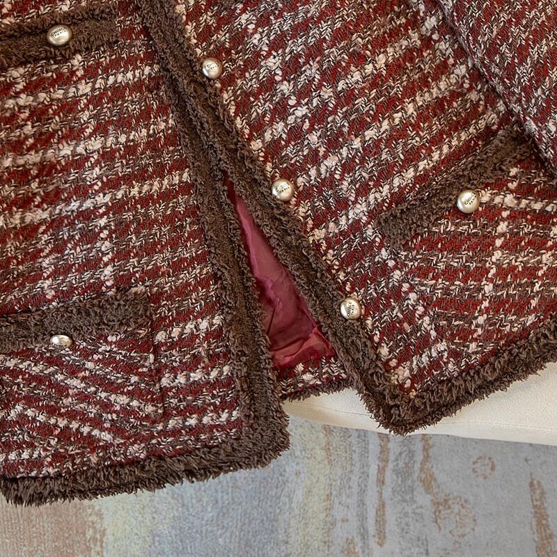 Women's Elegant Round Neck Long Sleeve Tweed Plaid Jacket