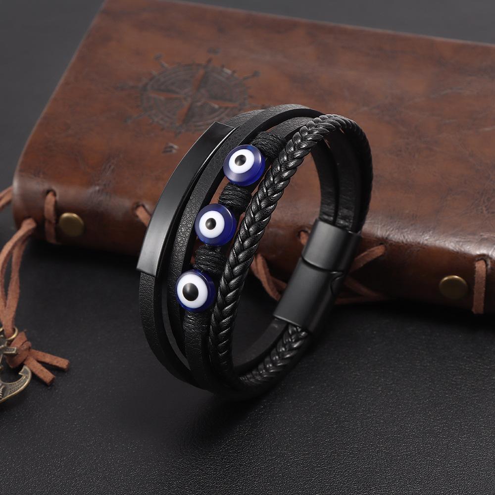Men's Bracelet Evil Eye Magnetic Clasp Leather Braided Cuff Punk Jewelry Black Silver