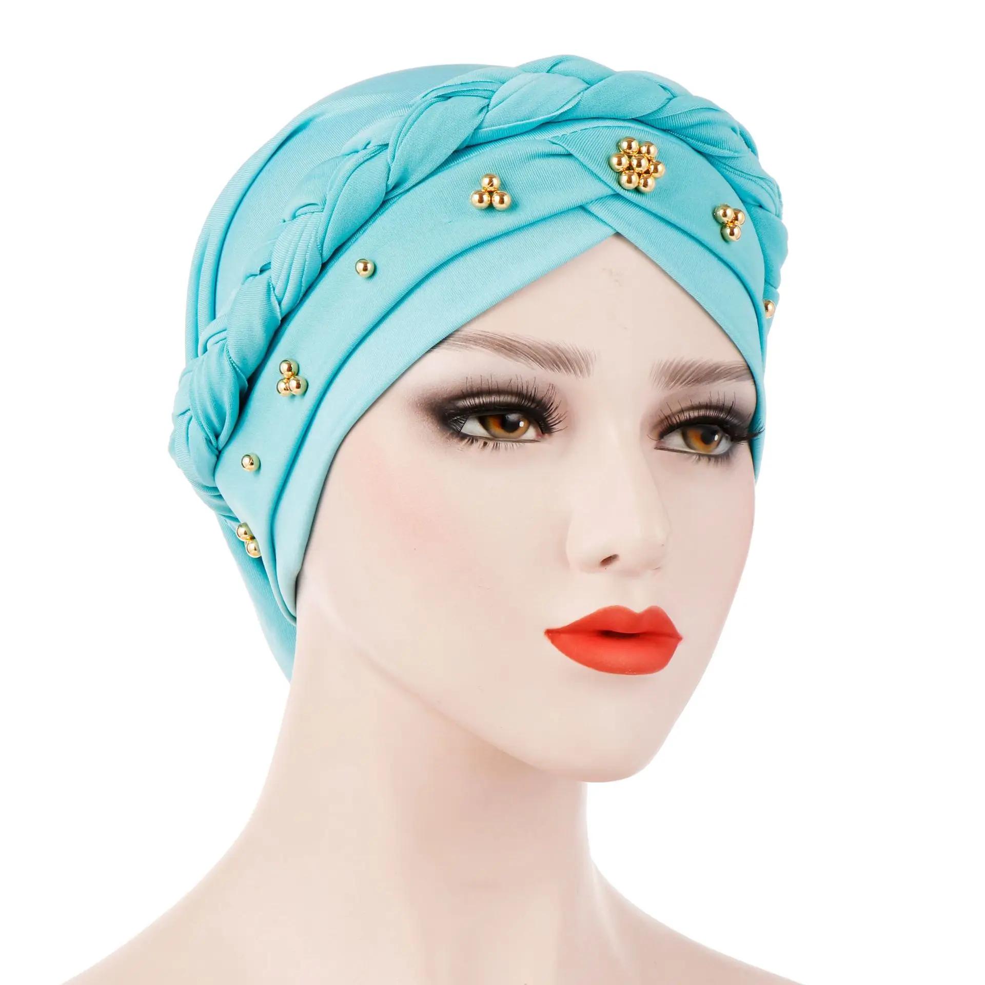 

Women Hair Care Islamic Jersey Head Scarf Milk Silk Muslim Hijab Beads Braid Wrap Stretch Turban Hat Chemo Cap Head Wrap небо синє кольору